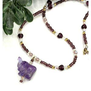 Amethyst Elephant Pendant Necklace With Beaded Garnet & Gold Accents
